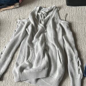 Guess Light Gray Lace-Up Cold-Shoulder Cardigan